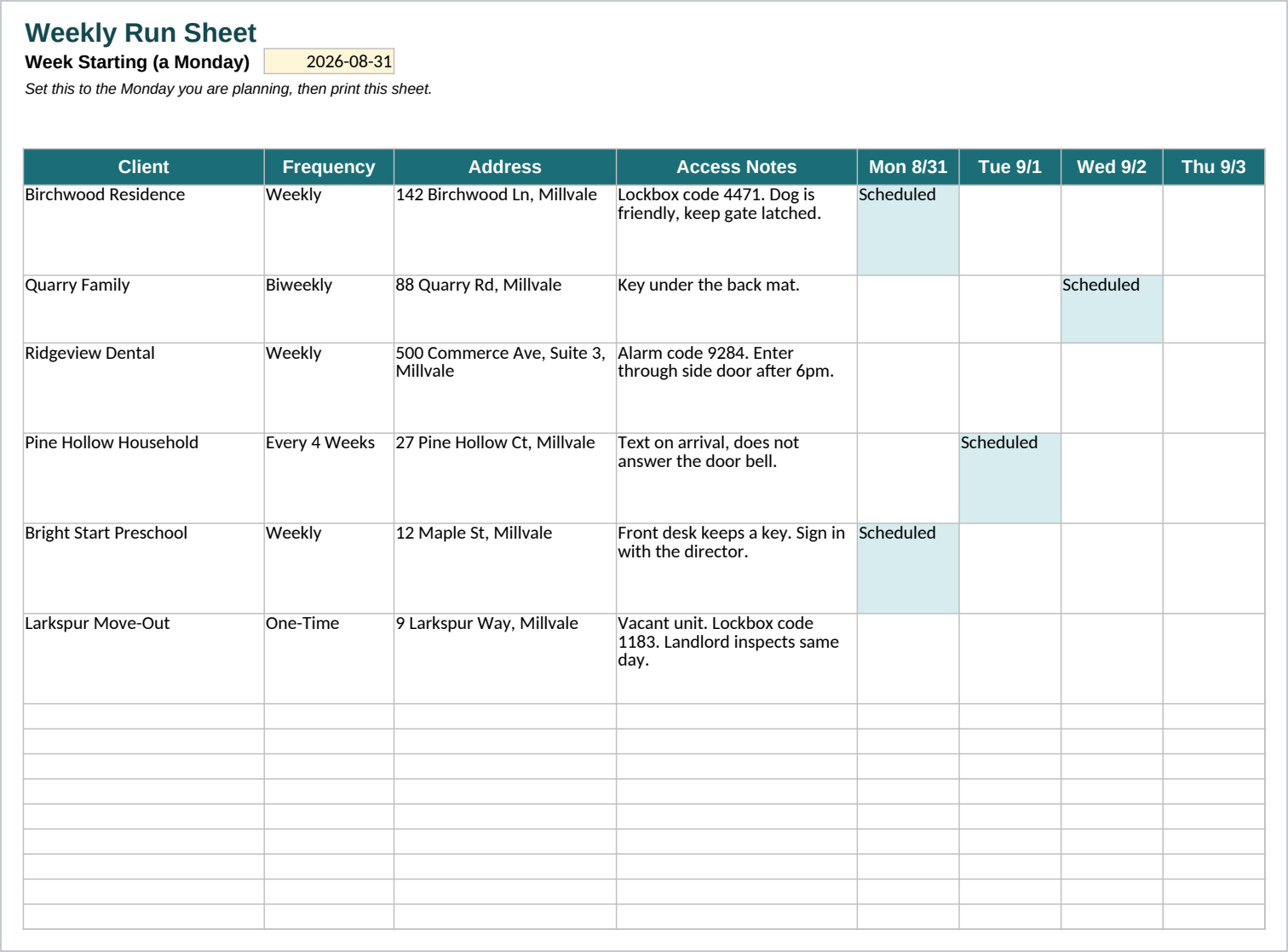 Weekly Run Sheet for the week of August 31, 2026, showing all six sample clients with their address and access notes, and which of them are scheduled for cleaning Monday through Thursday that week: Birchwood Residence and Bright Start Preschool on Monday, Pine Hollow Household on Tuesday, Quarry Family on Wednesday.