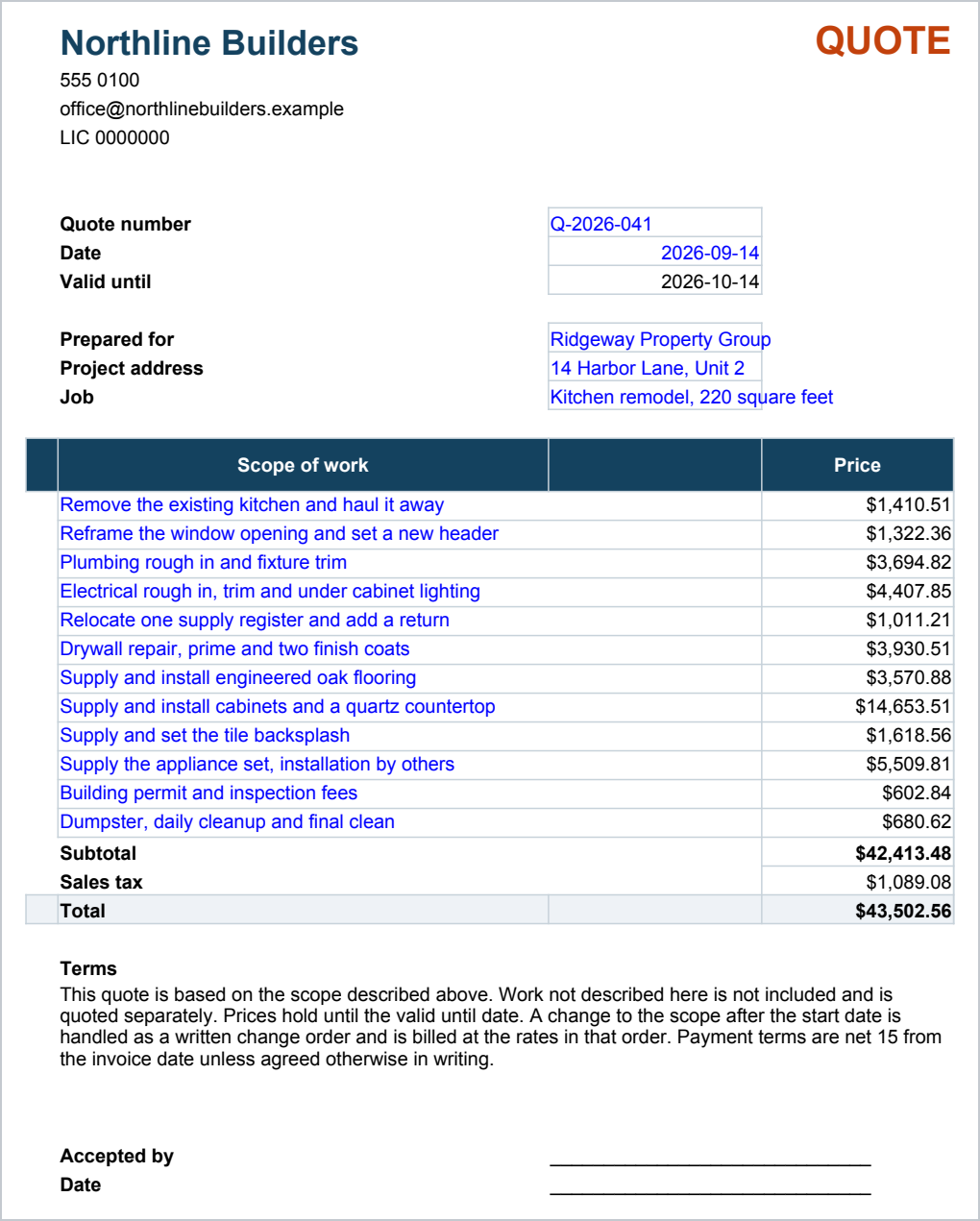 The Quote sheet from the estimate workbook, printed as a client would receive it: the company details at the top, the scope of work priced line by line, then a subtotal, sales tax, the total, and a signature block.