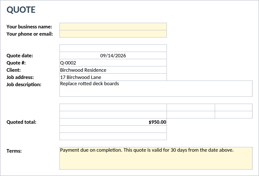 Quote Sheet showing a printed quote for the Birchwood Residence deck board job with a quoted total of $950.00.