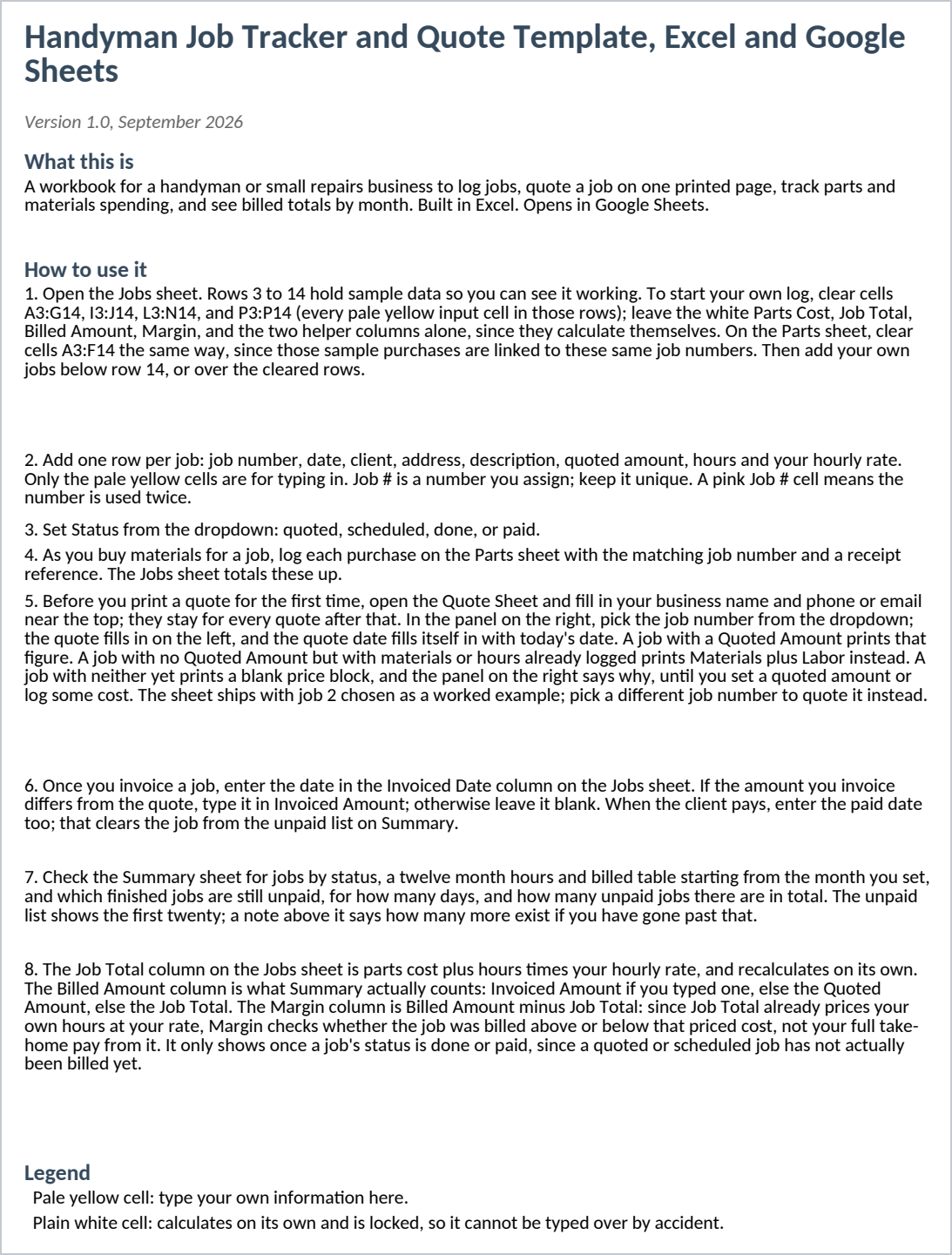 Start Here guide page showing the numbered how-to-use steps, including clearing both the Jobs and Parts sample rows, and the start of the color legend for input and formula cells.