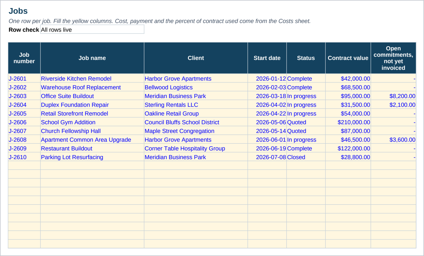 The Jobs sheet, one row per job: ten sample jobs with a job number, a job name, the client, a start date, a status of Quoted, In progress, Complete or Closed, the contract value, and what is committed but not yet invoiced. A row check above the table reads All rows live.