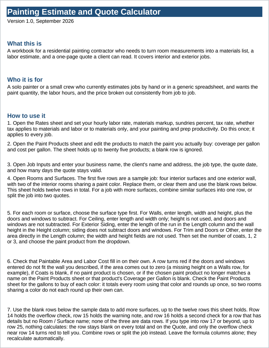 Start Here sheet showing the numbered setup and use steps through step 7, including step 6's five reasons a row turns red (openings over the wall, a zero area from a missing height, a blank Coats cell, no paint product chosen, or a chosen paint product that no longer matches a name on the Paint Products sheet or has a blank Coverage per Gallon) and step 7's note that row 14 holds the overflow check, row 15 the warning note, and row 16 a check for a row with details but no Room / Surface name.