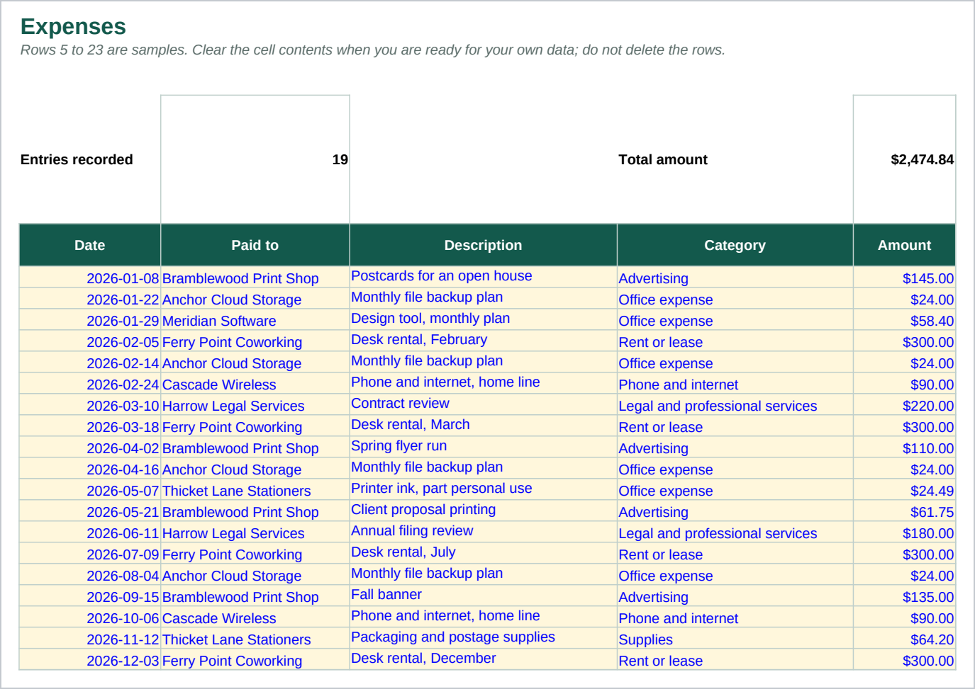 The Expenses sheet, the expense log, with a business use percentage and the calculated business portion.