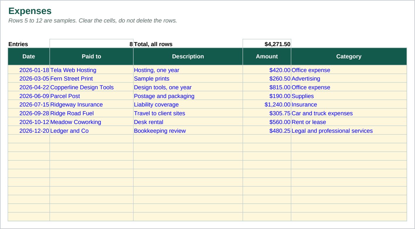 The Expenses sheet, the expense log, with a category picked from the editable Setup list.