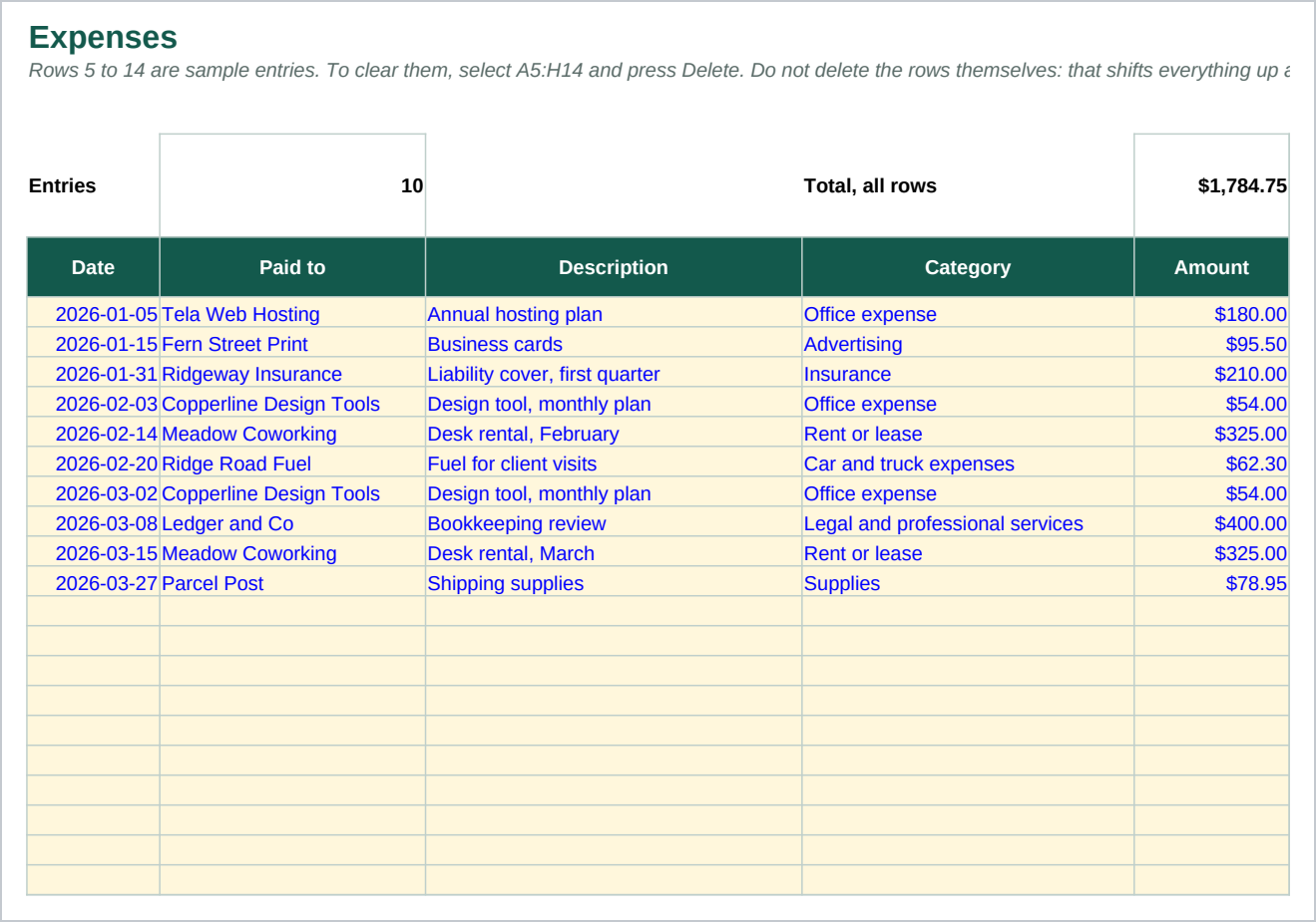 The Expenses sheet, the expense log, with a category dropdown and the missing receipt warning.